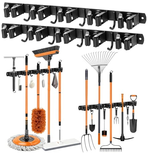 2 Pièces Accroche Balai Mural, Porte Balai Mural en Acier Inoxydable avec 10 Supports et 8 Crochets, Porte Balai avec Percage ou Adhésif Sans Percage pour Salle de Bain, Cuisine, Garage, Jardins, Noir