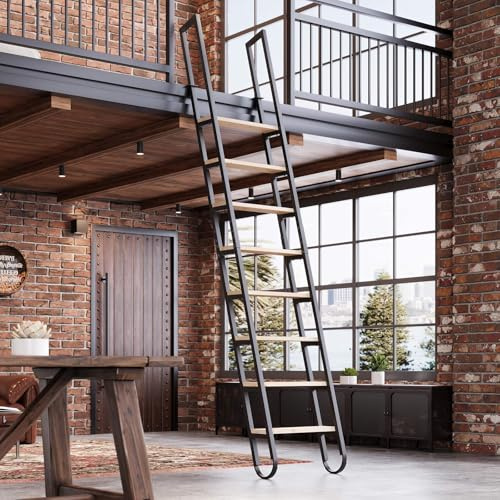 10.35FT Industrial Style Rolling Loft Ladder, 8 Steps with Black Steel Handrails & Solid Wood Steps, 450lbs Capacity, Fits 8.2-9FT Installation Height,for Attic, Kitchen, Warehouse, Bookshelf& Outdoor