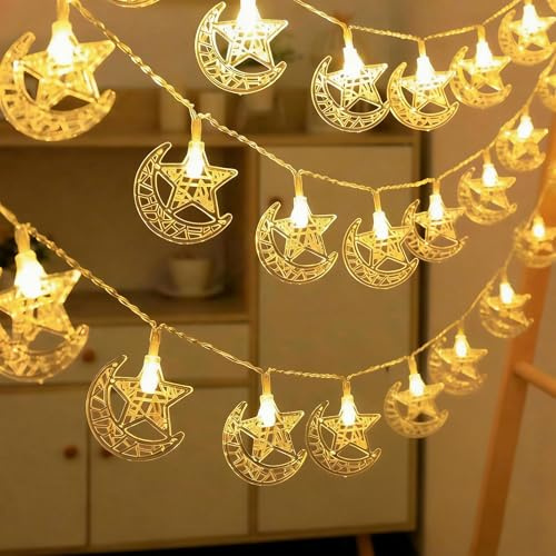 Koboko Ramadan Lichterkette mit 2 Modi,3M 20 LED Eid Ramadan Deko Lichterkette Batterie,Muslim Eid Mubarak Lichterketten,Islamische Stern Mond Lichterketten,Mubarak Dekolicherkette für Innen Außen (E)