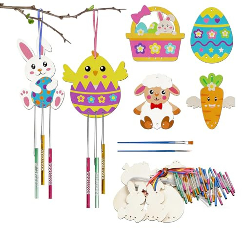 Tomedeks 1 Set Oster Windspiel Bastelset Kinder Ostern Basteln Holz Osterbasteln Klangspiele DIY Bastelhandwerk zum Bemalen für Osterndeko Garten Haus Frühling Dekoration