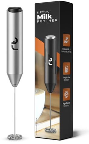Roe Tenpo Handheld Milk Frother with Stainless Steel Whisk - Ergonomic, Compact, Easy to Clean, Portable Battery-Operated Coffee Frother for Cappuccino, Frappe, Matcha, Hot Chocolate (Silver)