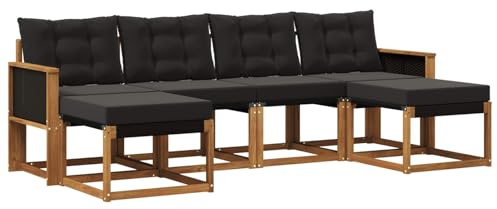 vidaXL Outdoor-Sofagarnitur mit Kissen 6 pcs Natürlich und Schwarz, Garten Ecksofa, modernes Möbel für draußen, langlebige Liege, Coole Sitzgelegenheit auf der Terrasse