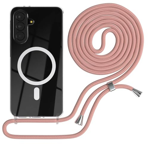 EAZY CASE - Handykette kompatibel mit Galaxy A37 Kette zum Umhängen Stoßfest Handyhülle für Galaxy A37 Silikon Hülle mit Band Handytasche Transparent als Fallschutz in Alt Rosa - Clips Silber