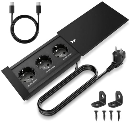 Enchufe retráctil empotrable con Tapa regleta integrada de 3 Compartimentos | Enchufe retráctil, Cubierta Deslizante para Escritorio, Cocina, Oficina, Mesa de sofá y Mesa de conferencias (Negro)