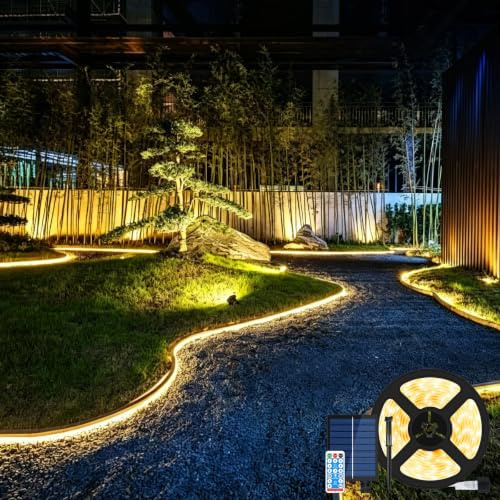 CHENBOOW Solar LED Streifen Außen,Solar LED Strip 5m,LED Outdoor Streifen,LED Band mit Fernbedienung,Timer,8 Modi,Wasserdicht,Outdoor Beleuchtung,für Terrasse,Balkon,Garten,Weg,Pavillon deko