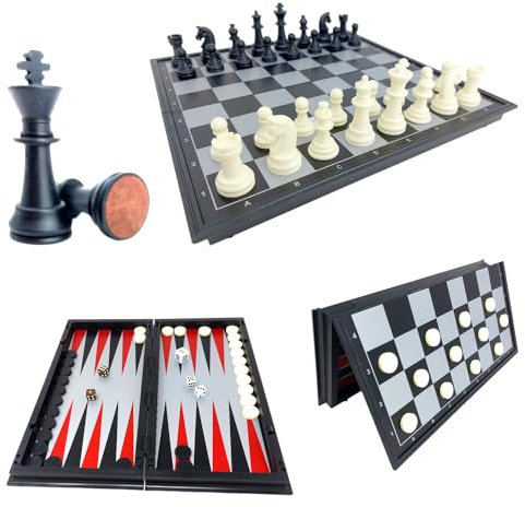 ChessEbook 3 en 1 Ajedrez Magnetico Damas Backgammon (Negro, Blanco) 32 × 32 cm Plegable, Tablero de Viaje Portatil de Rompecabezas, Piezas Ajedrez, Chess Board