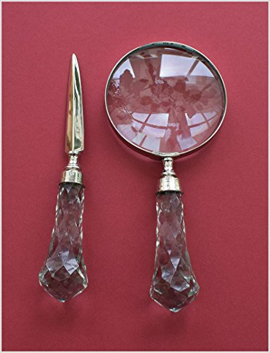 Große Glas Lupe Lesehilfe Vergrößerungsglas + Brieföffner Nickel Kristall Griff 2. Wahl. A494