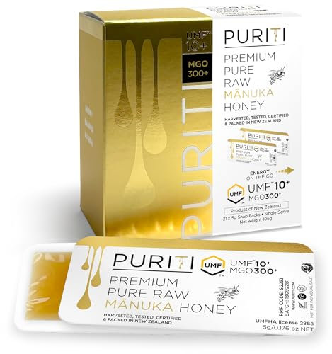 PURITI Genuine Raw Manuka Honey Snaps On The Go - UMF 10+ (MGO300+) 21 x 0.18oz Individual Snap Packets, Single Serve Honey Sticks for Tea, Travel & Snacks, Certified, Authentic Made in New Zealand