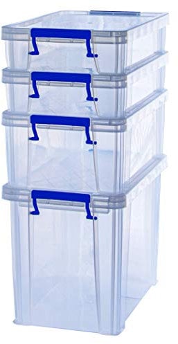 BANKERS BOX Plastic Storage Boxes with Lids, Pack of 4, 2x 5.5 Litre + 1x 18.5 Litre + 1x 10 Litre. ProStore Strong Stackable Plastic Storage Boxes, Made in the UK, Clear