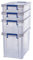 BANKERS BOX Plastic Storage Boxes with Lids, Pack of 4, 2x 5.5 Litre + 1x 18.5 Litre + 1x 10 Litre. ProStore Strong Stackable Plastic Storage Boxes, Made in the UK, Clear