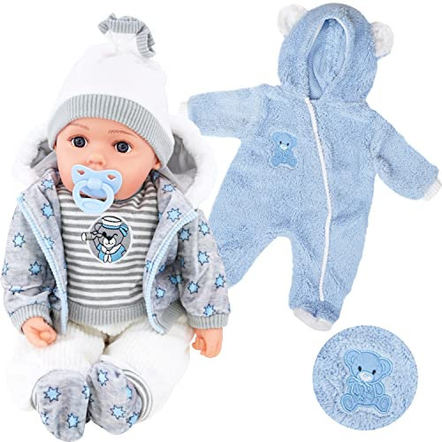 Bibi Doll - 20 Lifelike Large Size Soft Bodied Baby Doll Girls Boys Toy With Dummy & Sounds (Grey + Onesie)
