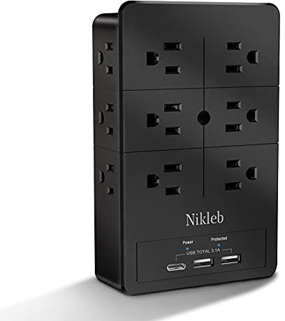 Nikleb Extension de sortie multiple, protection contre les surtensions, 12 prises de courant, prise de courant avec 2 ports USB + USB C total 3,1 A, blocs de charge, montage mural, robuste