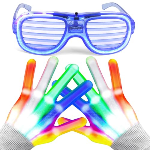 LED-beleuchtete Handschuhe und Brille, leuchtende Neonbrille 6 Modi, blinkende Finger Skelett-Handschuhe 3 Modi, Geburtstagsfest Halloween Weihnachtskostüme Party Supplies Zubehör Spielzeug für