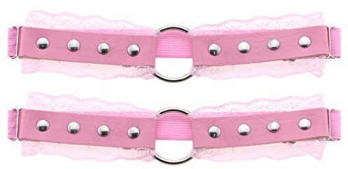 2 Stück Damen Sexy Gothic Spitze Leder Bein Strumpfband Einstellbar Metall Kreis Bein Choker Strumpfband Gürtel Elastische Oberschenkel Garters Gürtel Punk Oberschenkel Ring Nieten Bein Ring,Rosa