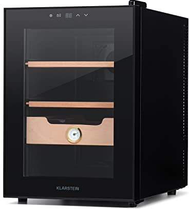 Klarstein El Presidente Zigarren Humidor - thermoelektrischer Humidor Schrank mit Glastür, Humidor Befeuchter mit Einschüben aus Zedernholz, Hygrometer, LED-Innenbeleuchtung, 37 Liter, schwarz