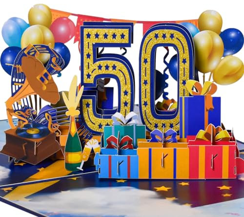 3D Pop-Up Karte 50. Geburtstag oder 50. Hochzeitstag – Festliche Karte mit Trompete, Plattenspieler, Ballons und Geschenken für Jubiläum und Geburtstagsfeier – Pop-Up Karte für Goldhochzeit