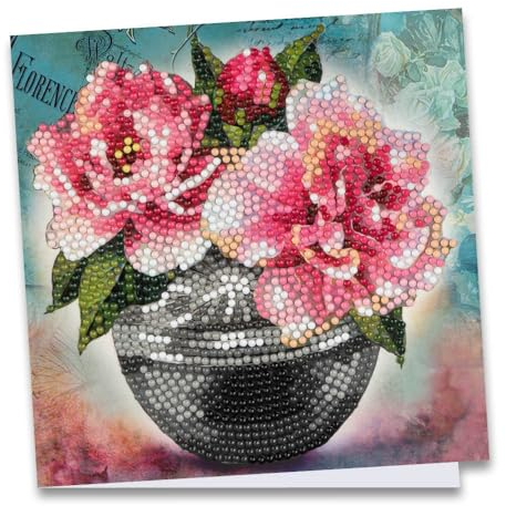Ideen mit Herz Diamond-Painting-Grußkarte | 16 cm x 16 cm | 370 g/m² | Inkl. Umschlag & Werkzeug (Pfingstrosen in Vase)