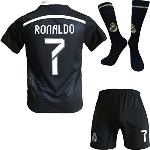 BlackAzat Madrid Heim #7 Retro Black Dragon Limitierte Sonderedition Seltenes Fußball Kinder Trikot Shorts Socken Set Jugendgrößen (Schwarz,28)