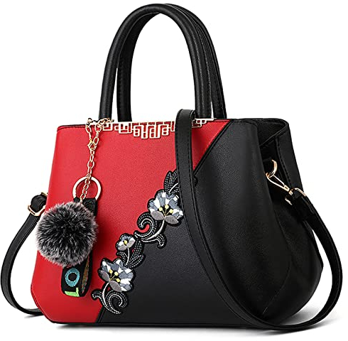 DORRISO Damen Handtasche Mode Stickdesign Schultertasche Große Kapazität Umhängetasche Casual Reise Handtasche PU Leder Top Griff Tasche für Frauen Rot A