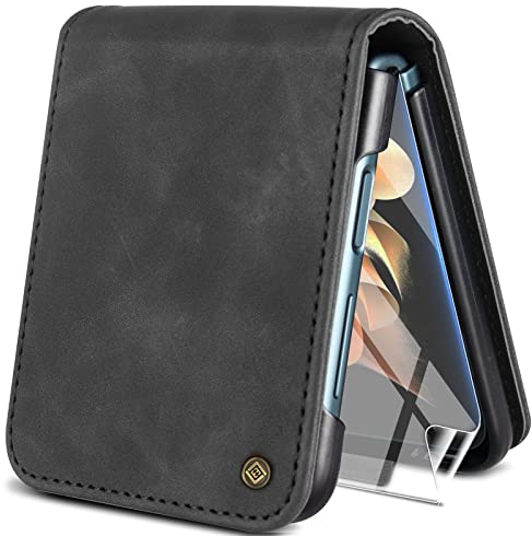 Handyhülle für Samsung Galaxy Z Flip 4 Hülle mit Schutzfolie, Standfunktion Kartenfach Wallet Premium Leder Schutzhülle Galaxy Z Flip 4 5G Flip Case Cover Stoßfeste Klapphülle Z Flip 4 5G (Schwarz)