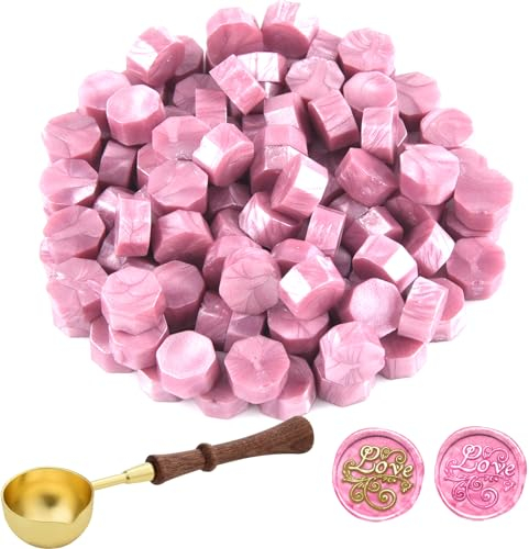 ASTARON 100 Stück Siegelwachs Rosa, Siegelwachs Perlen mit 1 Wachsschmelzlöffel, achteckiges Wachssiegel-Set für Einladungen, Karten, Umschläge, Weinpakete, Geschenkverpackungen