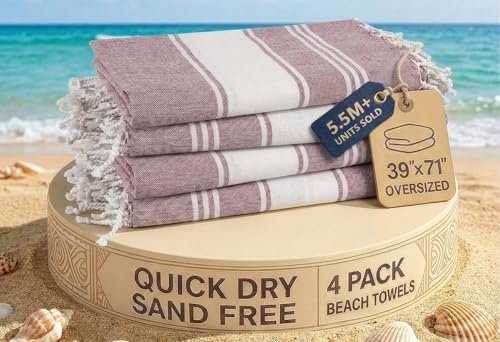 LANE LINEN Oversized Turkish Beach Towels – 4 Pack, 39x71 Cotton Rich & Quick Dry Pool Towels, Pre-Washed, Sand-Free & Lightweight Travel Towels for Adults, Wistful Mauve