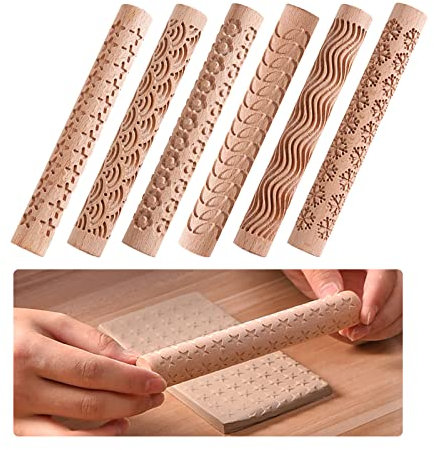 6 x Holz-Tonroller, Modelliermuster-Roller-Set, Töpfereimuster-Roller, Ton-Nudelholz, strukturierter Holzgriff, Keramik, geschnitzte Werkzeuge