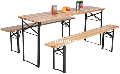 FEFE® Large 3 Piece Wooden Folding Picnic Beer Table Bench Trestle Patio Outdoor Garden Pub Camping Portable Trestle Garden furniture Dining Table Set Camping BBQ Stools