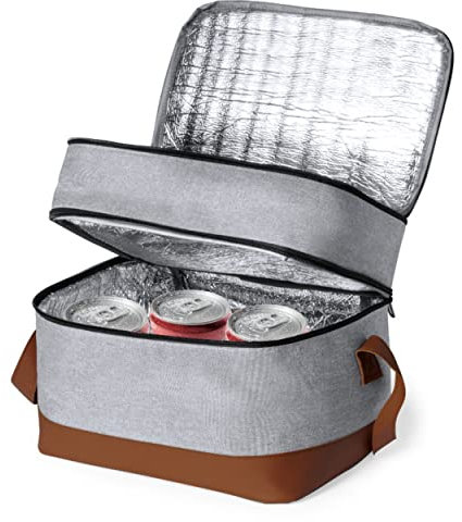 Nachhaltige Kühltasche Isoliertasche Picknicktasche Lunchtasche recycletes RPET mit 2 Fächern aus Isothermischem PEVA Metallzipper und Schultergurt in grau