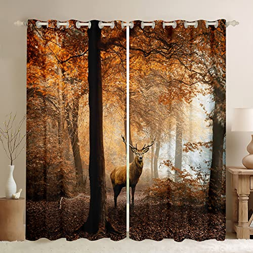 Loussiesd Wald Hirsch Vorhänge Braun Elch Fenstervorhänge 175x140cm für Kinder Jugendliche Erwachsene Natur Wald Tier Motiv Vorhänge Hirsch Muster Schlafzimmer Wohnzimmer Dekorativ, 2 Paneele