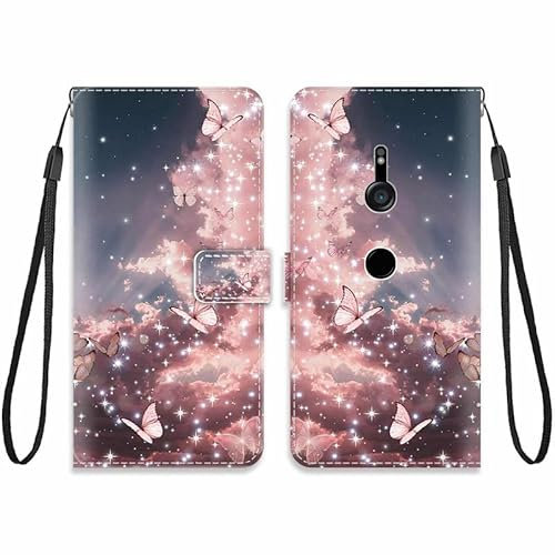KARTXITAI Hülle Kompatibel mit Sony Xperia XZ3,Leder Handyhülle mit Kartenfach Geld Slot Ständer PU Ledertasche Wallet Flip Magnetische Muster Schutzhülle-Rosa Schmetterling Himmel,Wolken
