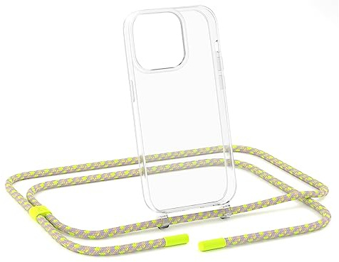 ZhinkArts - Handykette kompatibel mit iPhone 14 Pro - Handyhülle zum Umhängen - Band/Schnur abnehmbar - Necklace - Clear - Neon - Grün