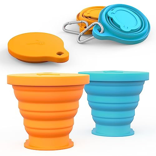 LYY faltbarer Becher, zusammenklappbare Silikonbecher mit Deckel und Karabiner Wiederverwendbares tragbares Becherset für Picknick, Camping, Outdoor-Wanderreisen (180ml, 2Stück)