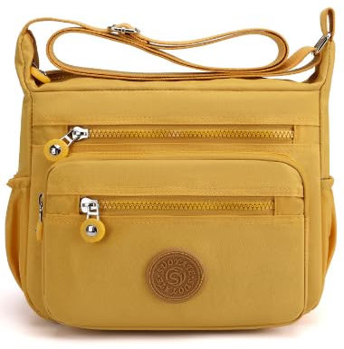 MINGZE Nylon Handtasche, Umhängetasche Damen Sportliche Schultertasche Wasserdicht(gelb)
