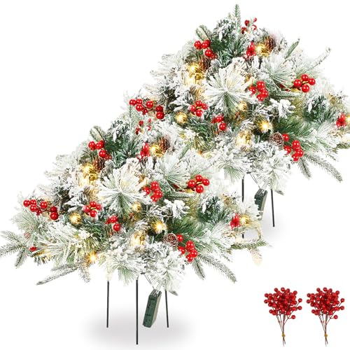 Tigeen 2 Pcs 22 Inch Christmas Tree Frosted Urn Filler Outdoor Planter Pots Filler Prelit Xmas Pine Trees with Cones and Red Berries 50 Warm White LED with 8 Light Modes and Timer for Yard(Snow)