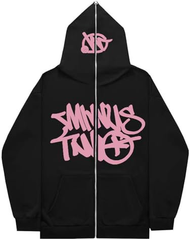 Minus-Two Sweat à capuche cargo pour homme Minus-Two Y2K Sweat à capuche Hip Hop Streetwear Urban Pull unisexe décontracté vintage Streetwear Veste manteau pour filles et garçons, rose, S