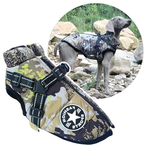 2-in-1-Hundewintermantel mit Geschirr für große Hunde, für draußen, warme Hundejacke für kaltes Wetter, gepolsterte Hundeweste, Bekleidung für Katzen, Welpen, große Hunde, Tarnfarbe