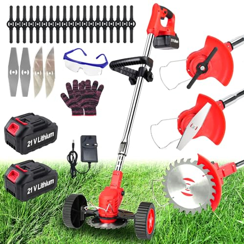 Xbzzgmg Cordless Strimmer, Adjustable Garden Strimmer Telescopic Lightweight Grass Trimmer with 5 Metal Blades 10 Plastic Blades of Electric Strimmer, Grass Trimmers for Yard, Garden, Sidewalk Edges