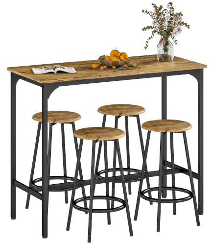 HOMCOM Ensemble Table de Bar Bistrot 4 Tabourets de Bar Moderne Marron | Ensemble Table Haute Cuisine et Tabourets, Repose-Pieds, Structutre en Métal, pour Cuisine, Salle à Manger