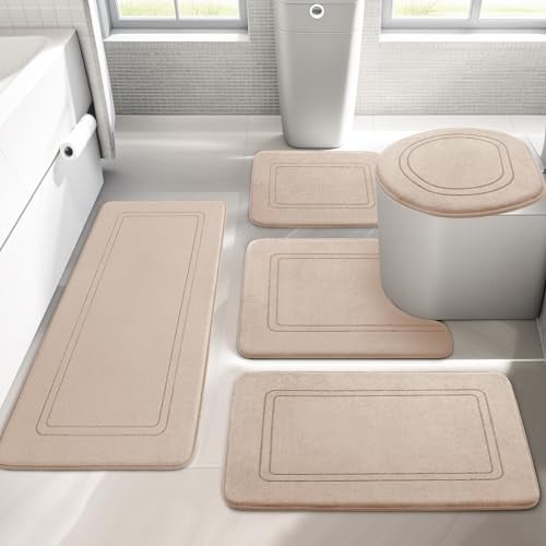 chakme Badezimmerteppich Set 5 Teilig, Weiche Memory-Schaum Badematte und U Förmige wc Vorleger, Badteppich rutschfest Waschbar Badvorleger Set Beige