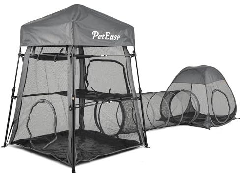 PETEASE Katzengehege, 3-in-1 Katzenturm Zelt mit Tunnel/Pop-Up-Würfel, Kletterkäfig, Outdoor, Catio, tragbares Laufstall, Spielzelte für Katzen, Kätzchen und Kleintiere