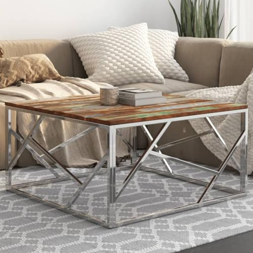Genérico Mesa baja plateada INOX y madera de recuperación maciza, muebles, tablas, mesas bajas y mesas auxiliares, mesas bajas, mesas, plata, 36.4 LB,349952