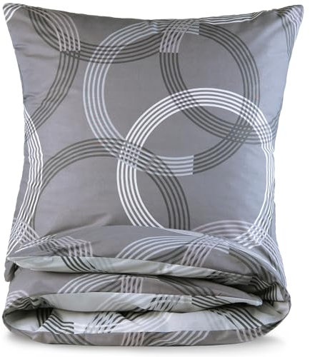 MALIKA Bettwäsche 155x220 Baumwolle, 2-teiliges Set, Kreismuster, Wende Bettbezug 155 x 220 cm, Kissenbezug 80x80 cm, Renforcé, atmungsaktiv, maschinenwaschbar, Grau