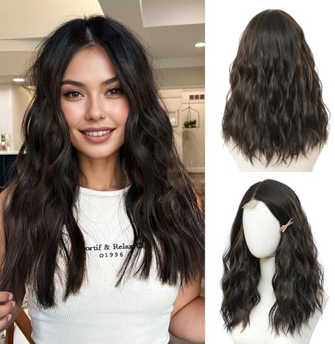 BUPPLER Braune Highlights Perücke 45,72 cm Mittellange Perücken für Frauen Mittelscheitel Synthetisches Haar Wellige Perücke mit verbesserten Strähnen,Natürliche Perücke für Alltag Party/Halloween