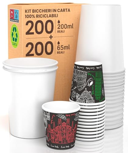 Kit 200 Bicchieri in Carta Bianchi 200ml da Asporto Bevande Calde e Fredde + 200 Bicchierini in Carta Fantasia Italy Black 65ml per Caffè ColorMix4 Ecologici Biodegradabili Monouso