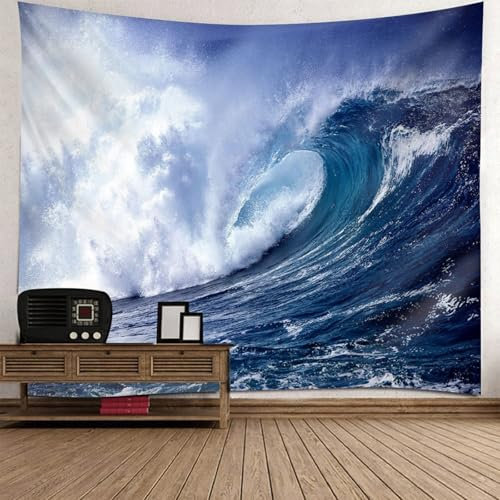 Epinki Tapisserie Wandbehang Weiß Blau, Landschaft Natur Wandteppich Meer Welle Wandteppiche Polyester Tuch für Tischdecke Wohnzimmer Decor, 150x130cm