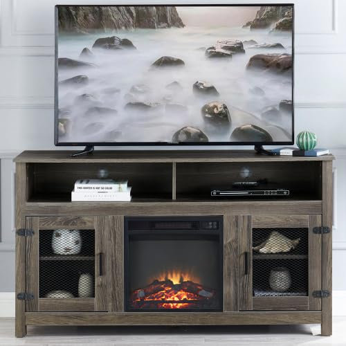 Chimeneas , Moderno soporte for TV de granja con chimenea eléctrica for televisor de pantalla plana de hasta 65 pulgadas con gabinete de almacenamiento y estantes ajustables Centro de entretenimiento