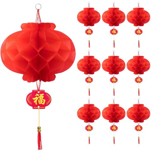 Rote Laterne Chinesische Laternen 25cm, 10 Stück Lampions Rot Hängende Laternen Chinesische Deko Faltbare wasserdichte Rote Papierlaternen Papierlampen für Neujahrsfest Frühlingsfest Party Feier