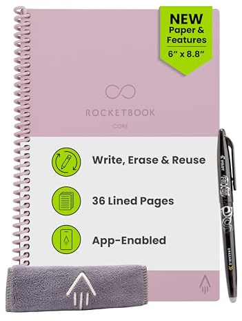 Rocketbook New Core Reusable Spiral Notebook, Executive Size 6x8.8, Pink - Lined Pages, App Connected, Erasable, Durable Cover, Ideal for School, Work and Creative