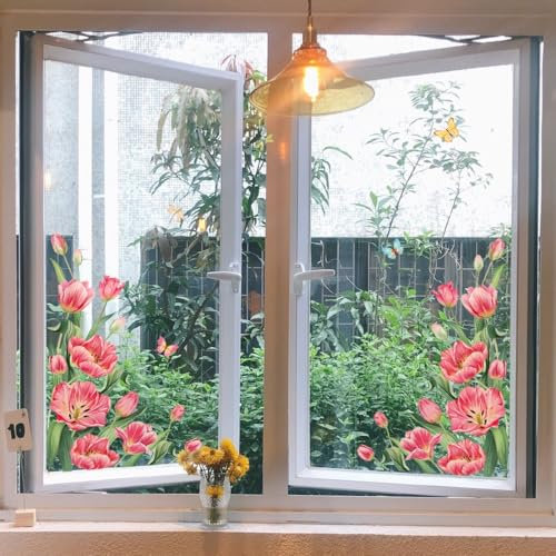 WandSticker4U®- Wiederverwendbare Fensterbilder Sommer selbstklebend TULPEN rot (60x44 cm) I Fensteraufkleber Fenstersticker Blumen Wohnzimmer Schlafzimmer Bad Küche Fensterdekoration